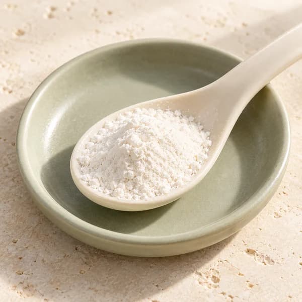 Powder in a ceramic spoon as an illustration of the vitamin component