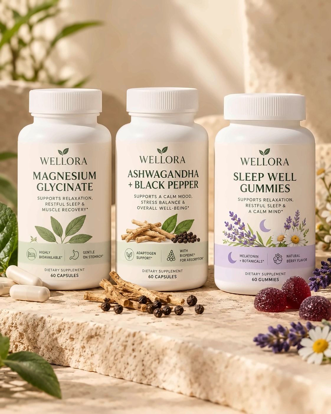 Wellora Nighttime System — Magnesium Glycinate, Ashwagandha + Black Pepper and Sleep Well Gummies on a travertine ledge
